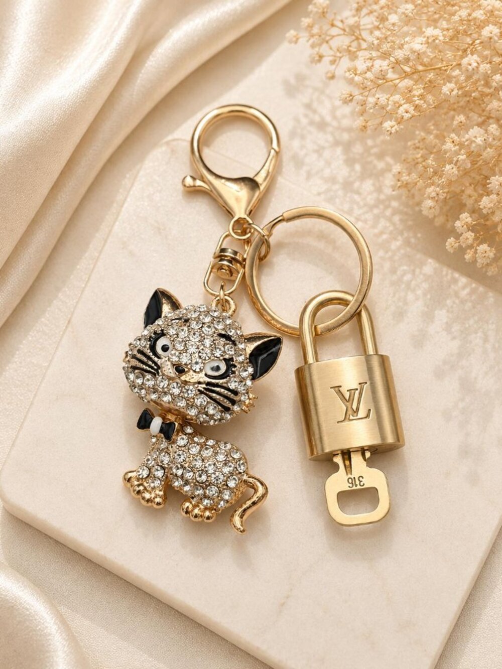 Louis Vuitton Authentic Gold Padlock 🔑 Key + Stylish Unbranded Cat Bag Charm